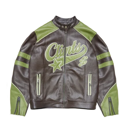 Clints Leather Biker Jacket - Brown/Green
